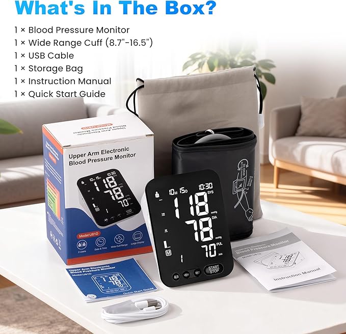 Blood Pressure Monitor Upper Arm BP Machine for Home Use Accurate Large Adjustable 8.7"-16.5" Cuff LCD Backlit Display with Carrying Bag, Black