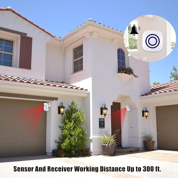 Motion Sensor Alarm, Long Range Wireless Driveway Alarm, Indoor Home Security System Electric Doorbells, 2 Motion Detector and 1 Alarm, 38 Chime Tunes, LED Indicator
