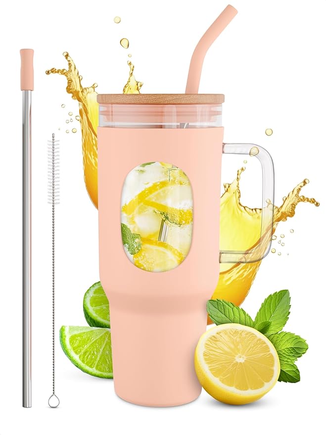 46 Oz Glass Tumbler with Lid – Large Peach Tumbler with Straw and Lid | Ergonomic Glass Water Bottle with Handle, 2 Straws, Silicone Sleeve, Dishwasher Safe, Easy Visibility | Valentine's Day Gift