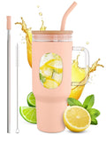 46 Oz Glass Tumbler with Lid – Large Peach Tumbler with Straw and Lid | Ergonomic Glass Water Bottle with Handle, 2 Straws, Silicone Sleeve, Dishwasher Safe, Easy Visibility | Valentine's Day Gift
