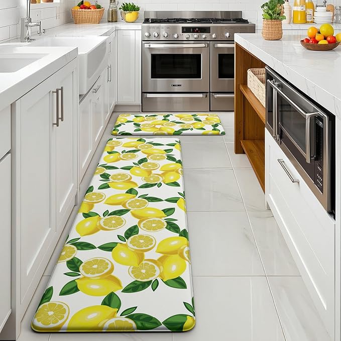 Lemon Kitchen Mats for Floor - Anti Fatigue Mats for Kitchen Floor, Cushioned Non-Skid Washable Memory Foam Rug for Office, Sink, Laundry (17.3"×47"×0.47") White