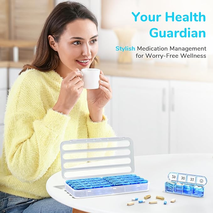 Colorwing 31-Day Premium Monthly Pill Organizer, 4 Weeks Travel Medicine Organizer with 32 Compartments for Daily/Month, 30 Day Pill Box Organizer, Portable Travel Pill Cases（Blue）