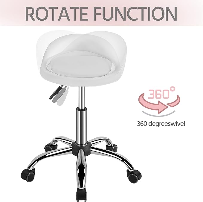 Yaheetech Rolling Stool Adjustable Swivel Stools Chair with Wheels & Back Support Round Tattoo PU Leather Salon Stools for Massage Spa, White