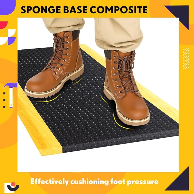 1 Pcs 2'x3' Anti Fatigue Mat Industrial, ESD Conductive Pad with Ground Wire, Heavy Duty Ergonomic Standing Floor Mat for Commercial Work, Shop Stand, Thick 3/4" Black with Yellow Border