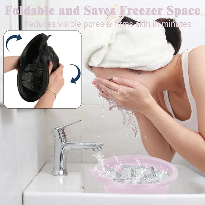 Large Silicone Bowl for Face Ice Bath with Built-In Icetray, Foldable and Hanging Design for Easy Storage and Carrying, Dipping Face Ice Bath at Home and Travel (Purple)