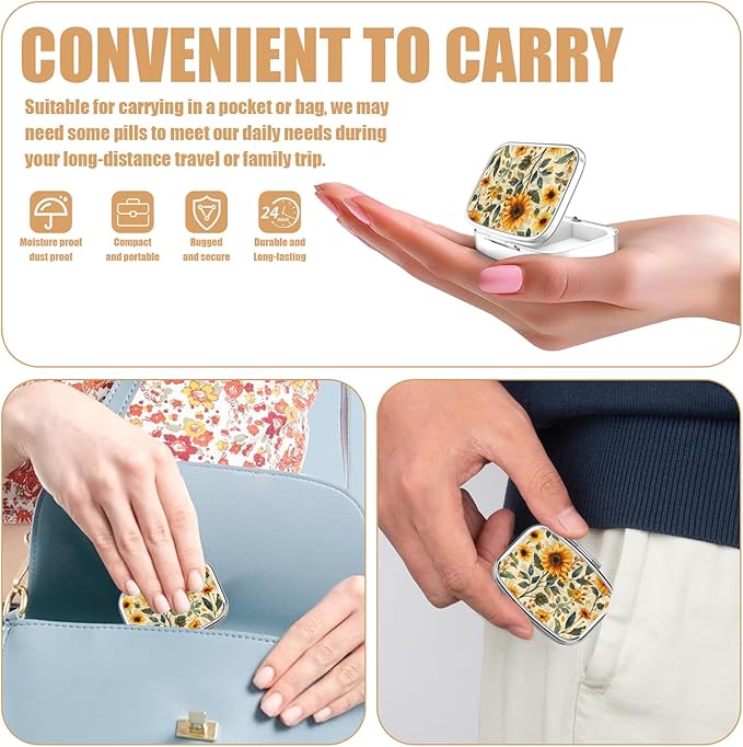 Pill Box-2 Compartment Small Pill Case Square Organizer Case with Mirror Portable Metal Medicine Box Travel Container for Pocket & Purse Women Men（Vintage Sunflower）