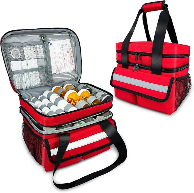 Large Pill Bottle Organizer Storage with Removable Dividers & Double Layer, Travel Medication Bag for Prescription Bottles, Medical Supplies, 11.8”x8.1”x9.5” (Red,Bag Only)