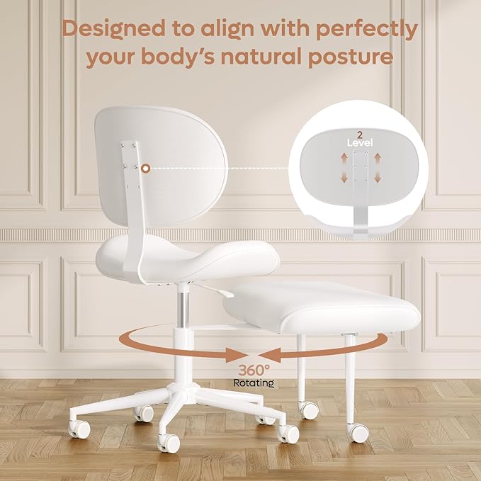 Upgraded Cross Legged Office Chair with Wheels, ADHD Chair for Adults, Wider Height Adjustable Backrest and Seat, Meditation Chair, Ergonomic & Yoga Office Chair, PU Leather, Beige, White