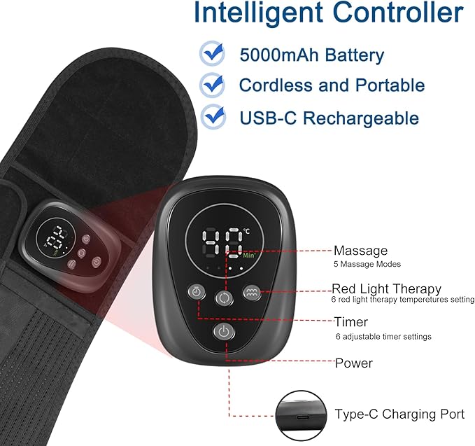 Lower Back Massager Belt with Red Light Heating Therapy, Cordless Heating Pad for Back, Rechargeable 5000 mAh Battery, Heated Back Brace Warmer Belt for Back Pain Relief,XL