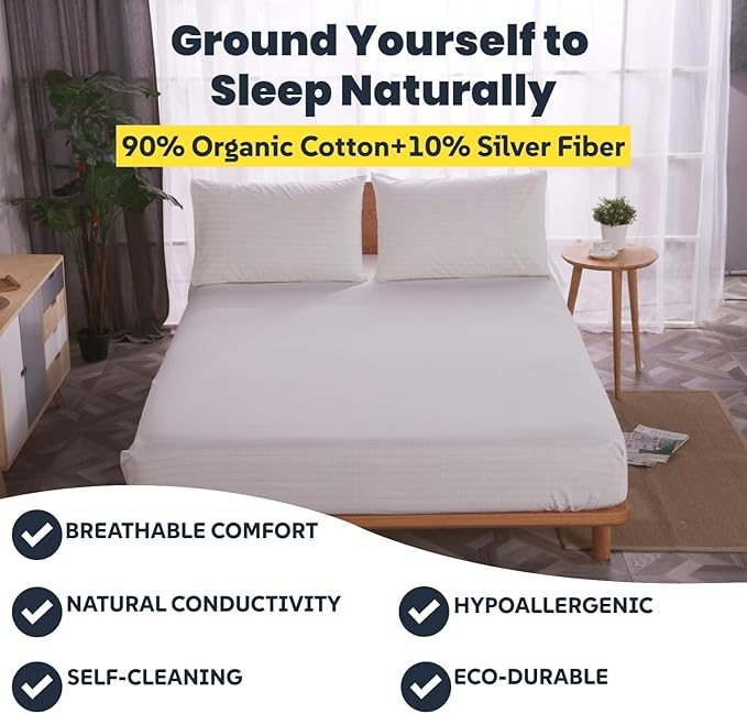 OKOHEY Grounding Fitted Sheets with 15ft Earthing Cord, Queen Size, 90% Organic Cotton + 10% Silver Fiber, Soft & Breathable Grounded Sheet for Better Sleep and Enhanced Wellness, White