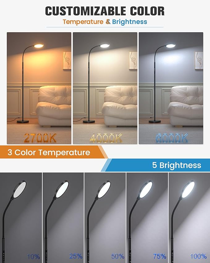 10000 Lux Light Therapy Lamp, Sunlight Therapy Lamps with 3 Color Temperatures &Dimmable &Timer, Full Spectrum &UV-Free Happy Lamp Light Therapy with Remote, Daylight Lamps for Home(Black, Floor Lamp)