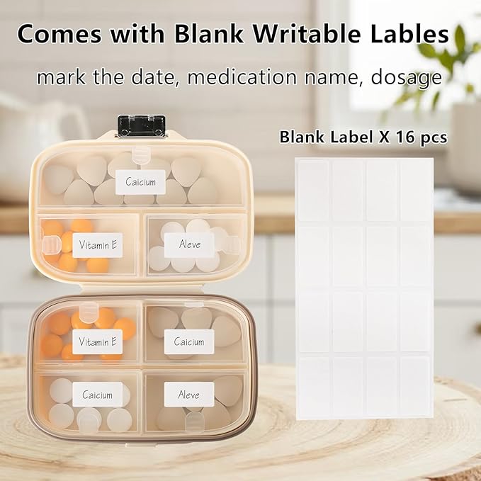 Weekly Pill Organizer, 7 Compartment Travel Pill Case with Rotatable Dose Recorder, Daily Waterproof Airtight Medicine Box for Vitamins & Supplements, Black Small, Cream White Large