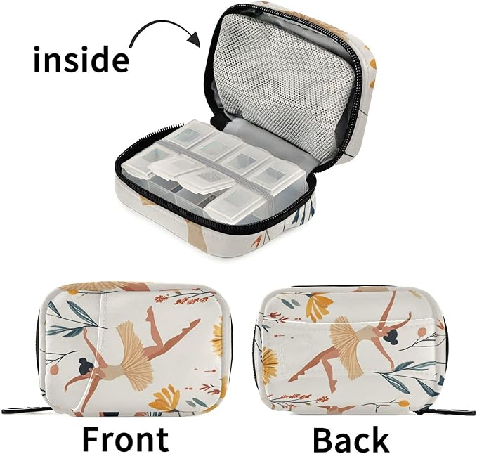 Beige Ballet Girl and Flower Cute Pill Organizer Weekly Travel Pill Box 7 Day Large Capacity Pill Dispenser Case with 8 Pill Container Daily Pill Box Organizer Vitamin Holder Pill Bottle Organ