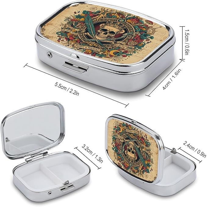 Metal 2 Compartment Pill Organizer Travel Friendly Portable Compact Pill Box Cute Pill Case,for Pocket Wallets Daily Portable Medicine Vitamin Tablet Storage (The Skeleton Wearing a Crown)