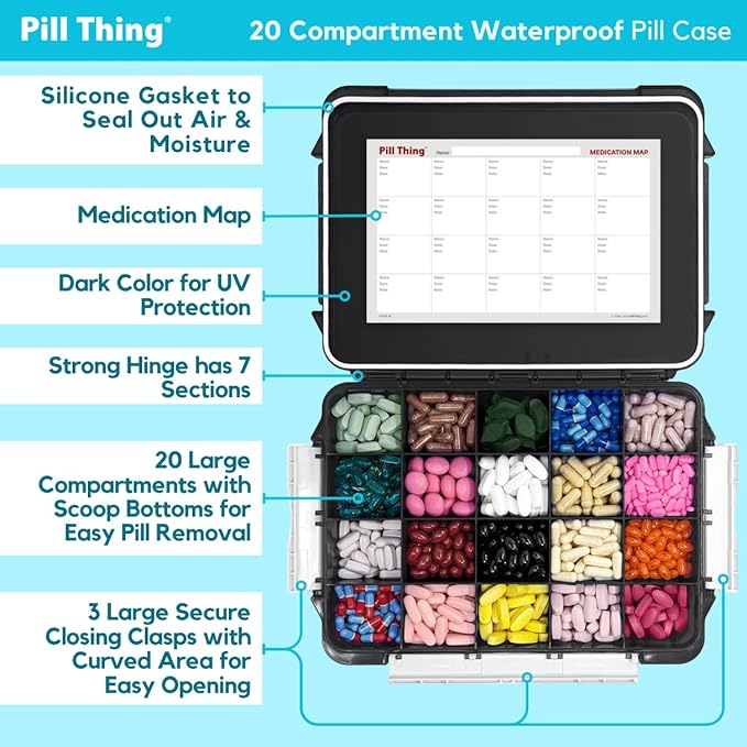 20 Compartment Large Pill Case with Airtight Seal - Silicone Gasket Waterproof Med Box with Medication Map, Medical Alert Card (Black, 1 Pack)