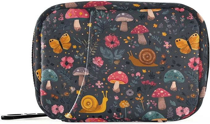 Pill Box Snail Mushroom Palm Leaves 7 Day Pill Case Travel Pill Organizer Bag with Zipper Portable Weekly Vitamin Medicine Supplement Holder Pouch Bag