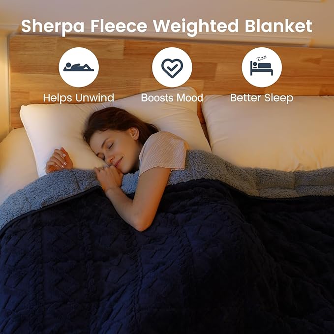 Sherpa Fleece Adult Weighted Blanket Great for Sleep, 20 lbs Dual Sided Soft Fuzzy Heavy Blankets for Couch Bed Sofa, Cozy Warm Fluffy Jacquard Throw for Winter (Navy Blue, 60" x 80", 20 Pounds)