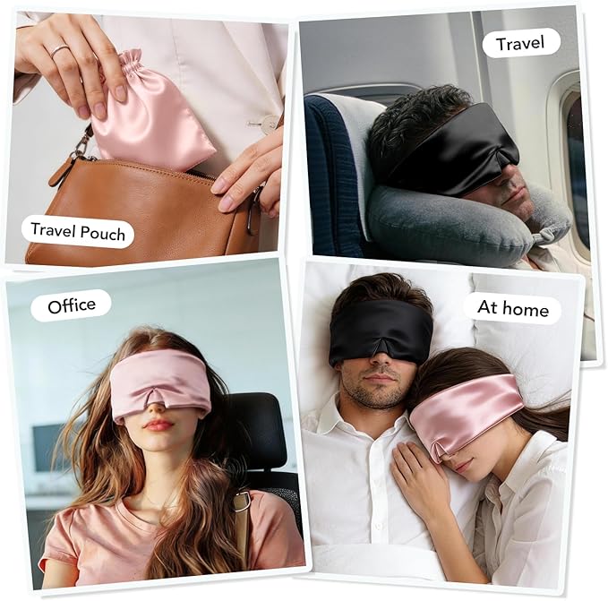 LitBear Silk Sleep Mask for Women Men, Adjustable 100% Mulberry Silk Sleep Eye Mask for Side Sleeper, Total Blackout Eye Cover for All Night Sleep, Travel, Office, or Napping (Black)