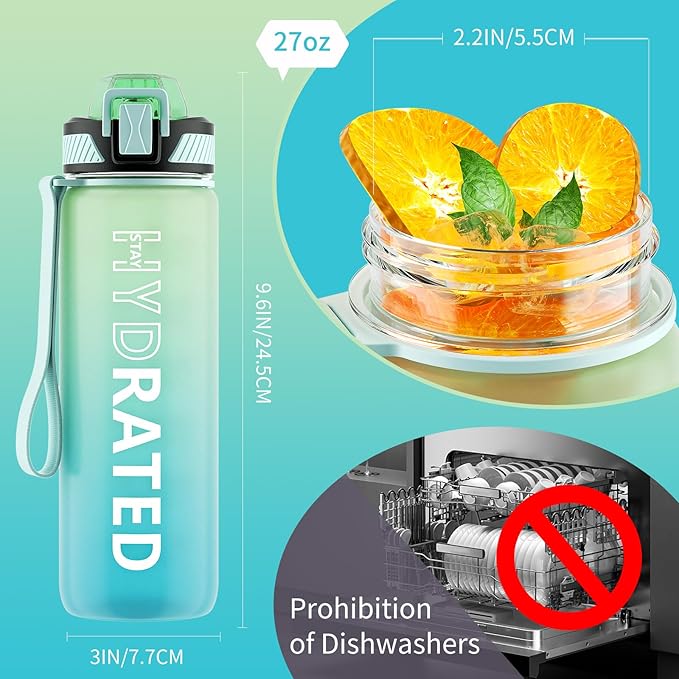 Water Bottle with Straw, 27oz Motivational Water Bottles with Time Marker to Drink, Tritan BPA Free, 750ml Sports Water Bottle with Carry Strap LeakProof for School Fitness Outdoor (1Pack)