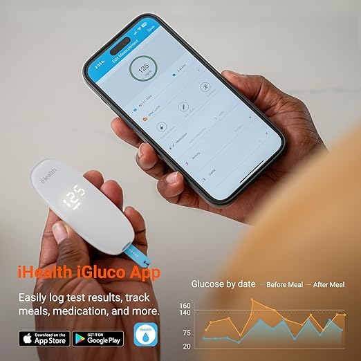 iHealth Gluco+ Wireless Smart Blood Glucose Monitor Kit with Free App, 100 Glucometer Strips, 100 Lancets, 1 Blood Sugar Monitor, 1 Lancing Device, Portable Diabetes Testing Kit for Home Use