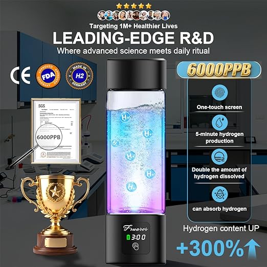 Hydrogen Water Bottle Generator - SPE/PEM Tech Hydrogen Water Machine - 6000 PPB Portable hydrohealth Water Bottle for Kidney Health Hydrogen Bottle with OLED Display (S Touch/Black/Coated)