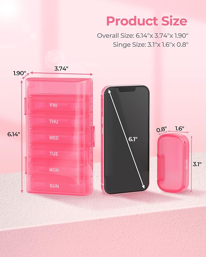 Enlarged Weekly Pill Organizer, 7 Day Pill Box Cases Easy to Open, BPA-Free Medicine Organizer with 7 Inner Separate Pill Container for Vitamins, Fish Oils, Supplements