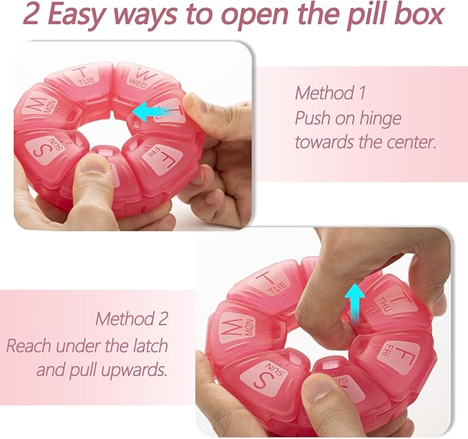 Round Weekly Pill Organizer, TPU Rubberized, Travel Pill Container 7 Day, with 7 Large Compartments, Great for Daily Vitamins & Supplements, Cute Pill Case with Large Letters and Braille (Rose)