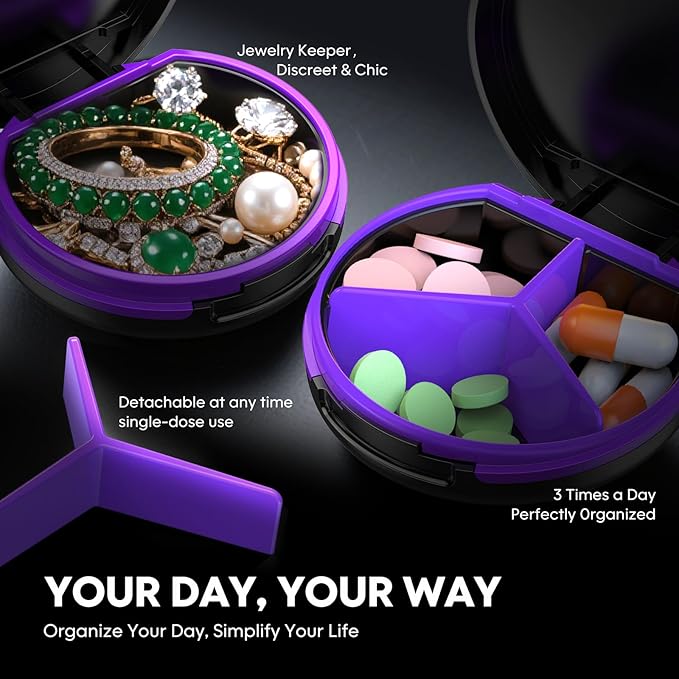 Serfeymi Small Pill Case for Purse, Unique Artistic Patterns Travel Pill Box with 3 Compartments, Portable Mini Pill Organizer for Pocket, Decorative Pill Container for Purse - Purple(Coast)