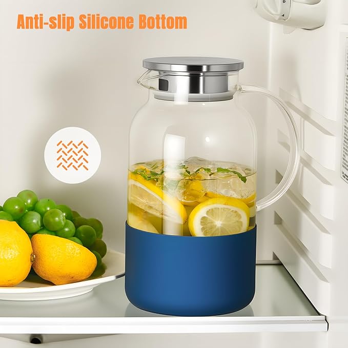 PARACITY Water Pitcher with Silicone Base 61oz/ 1.8L, Hot& Cold Glass Pitcher with Lid and Handle, Glass Carafe with Lid for Coffee, Juice, Lemonade and Milk (Blue base)
