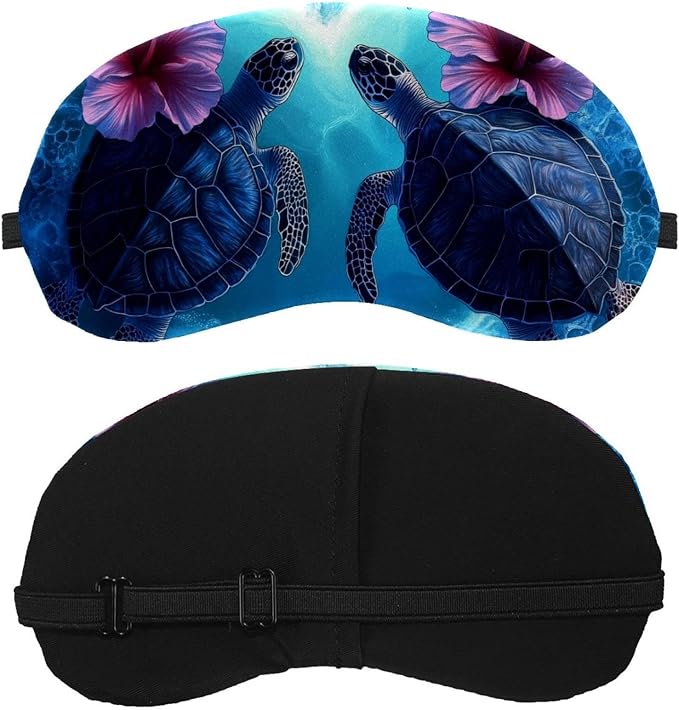 2 Pack Sleep Eye Mask for Women Men, Soft Breathable Eye Cove No Pressure Blackout Night Blindfold for Sleeping Light Blocking with Adjustable Strap, Blue Turtle Flowers