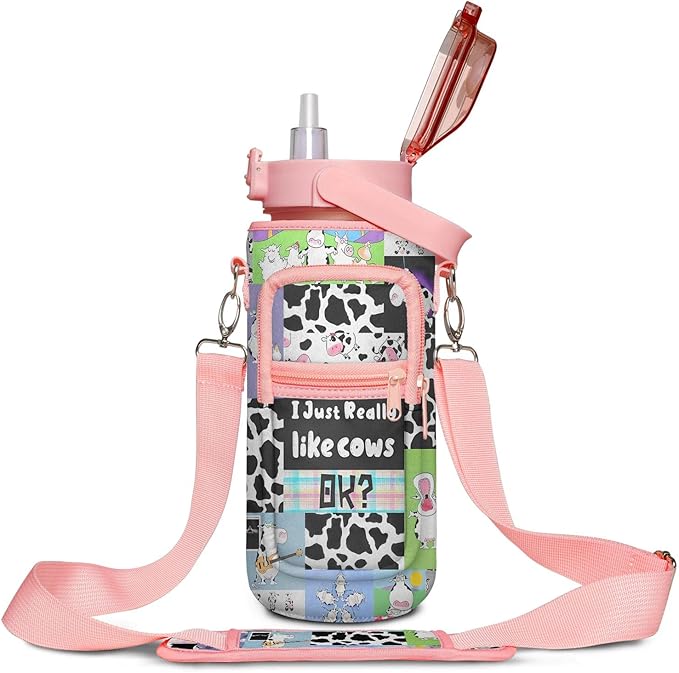 Half Gallon Water Bottle with Sleeve - I Just Really Like Cows OK? - BPA Free Water Bottle 64 OZ - Leakproof Water Jug with Time Marker