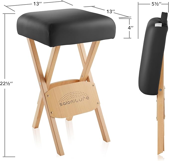 Saloniture Wood Folding Massage Stool with Carrying Case, Black