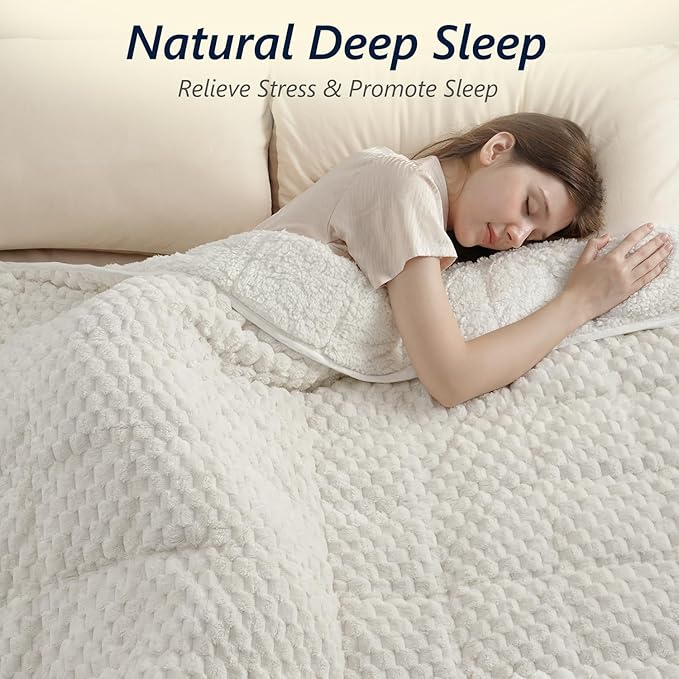 Mr. Sandman Weighted Blankets for Adults Queen Size 25lbs, Warm Sherpa Fleece Throw Blanket for Sleep and Calm, Soft Cozy Heavy Bed Blanket with Jacquard Flannel, 80 x 87 Inches, Cream White