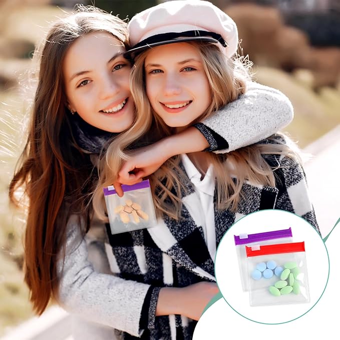 Reusable Zippered Pill Pouch with Slide Lock - 14 Piece Set in 7 Colors - Travel Pill Case for Medicine, Qtips & Small Items - Compact Pill Bags for Trave