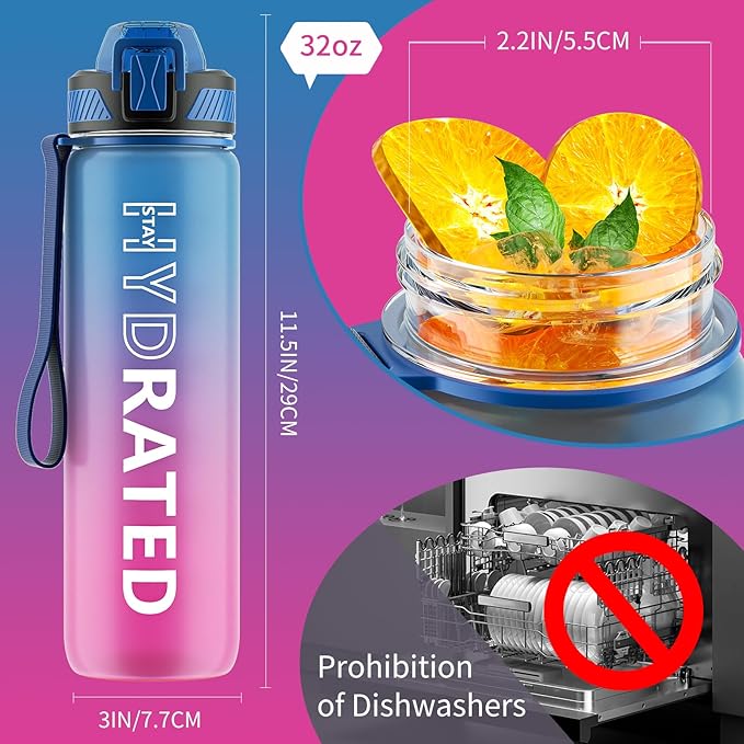 Water Bottle with Straw, 32oz Motivational Water Bottles with Time Marker to Drink, Tritan BPA Free, 1L Sports Water Bottle with Carry Strap LeakProof for Women Gym Fitness Outdoor (1 Pack)