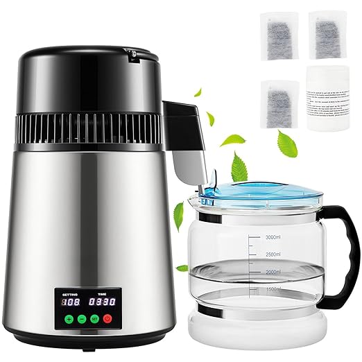 1.1 Gal Distilled Water Maker with 0-99H Timer, 750W Countertop Machine for Pure Water, Alcohol & Essential Oils, Includes Glass Carafe & Cleaning Kit