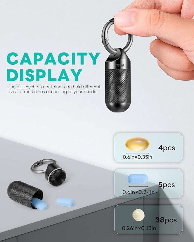 TISUR Small Pill Keychain Container, Mini Portable Titanium Keychain Pill Holder, Pocket Travel Bottle Metal Purse Box Case Black (Large Black-0.63inch)
