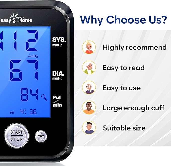 Easy@Home Blood Pressure Monitor: Accurate Cuff Automatic Blood Pressure Monitor with Free App MyHeartPal - 3 Color Backlit Display 8.7”-16.5” Large Cuff, Not Bluetooth EBP-095 Black