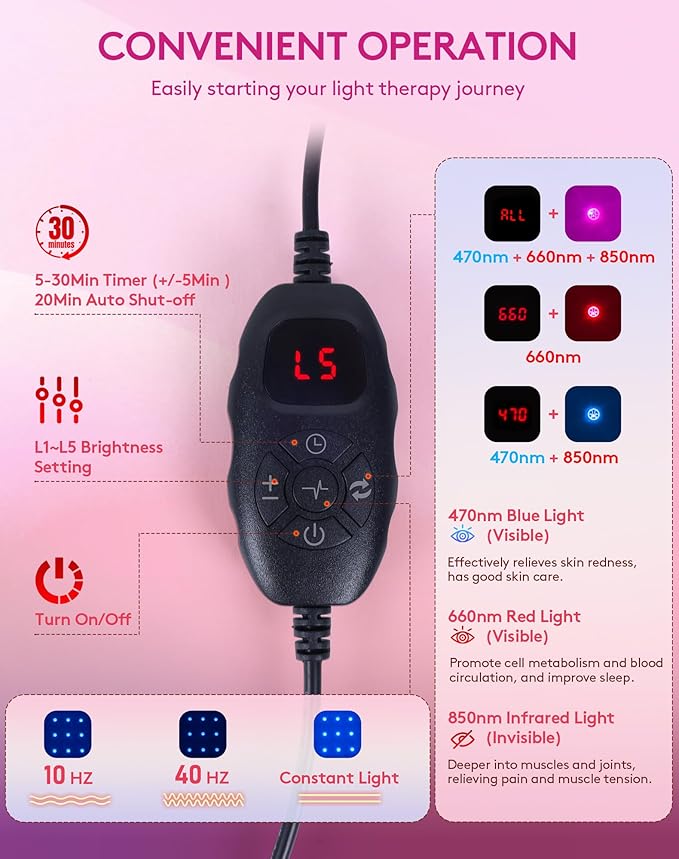 UTK 23" x 12" Large Red & Blue Light Therapy Pad for Body, 470nm 660nm 850nm Near Infrared Light Therapy Wrap for Back Shoulder Knee Muscle Joint, 210 pcs 3 in 1 LEDs, Adjustable Timer & Intensity
