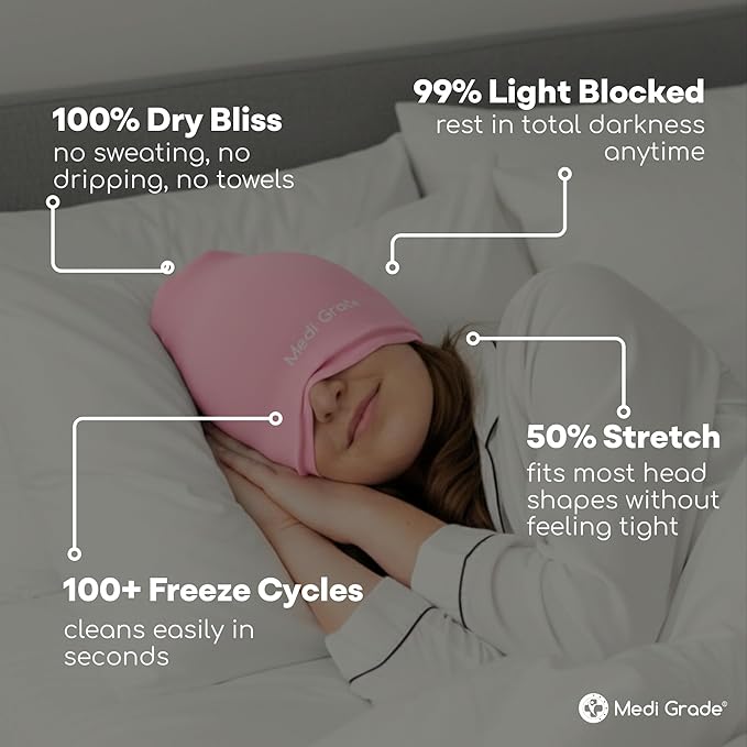 Medi Grade Migraine Relief Cap Pink - Cooling Compression Headache Relief Cap with Full Coverage - Soft Flexible Fabric Gel Migraine Cap that Blocks Light, Reusable Migraine Mask for Cold Therapy