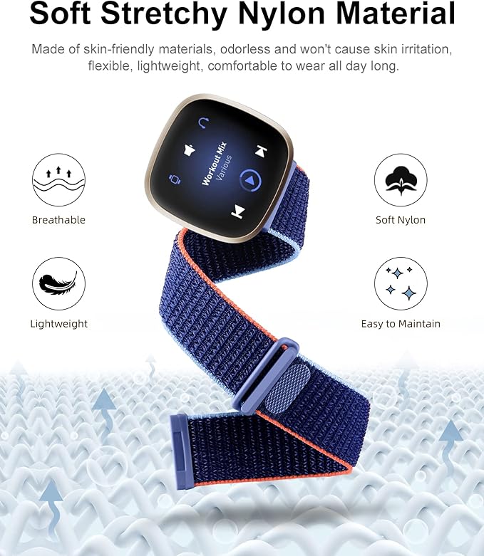 Nylon Sport Loop Band Compatible with Fitbit Sense/Fitbit Versa 3/ Versa 4/ Sense 2 Bands Women Men, Adjustable Stretchy Braided Workouts Replacement Accessories Straps for Versa 4 Bands