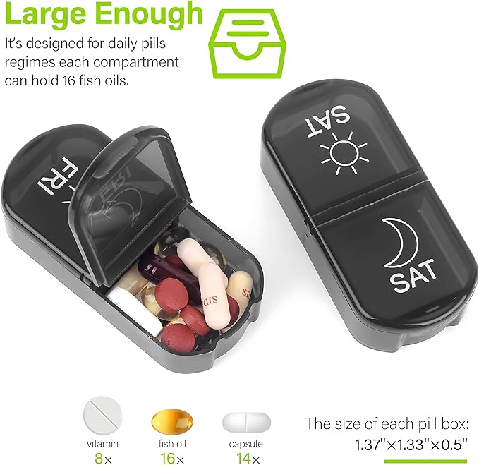 2 Pack Weekly Pill Boxes and Organizer 2 Times a Day, Travel Essentials 2 Week 14 Day Morning and Night Pill Dispenser, Black Large Daily Am Pm Pill Organizer 7 Day for Vitamin