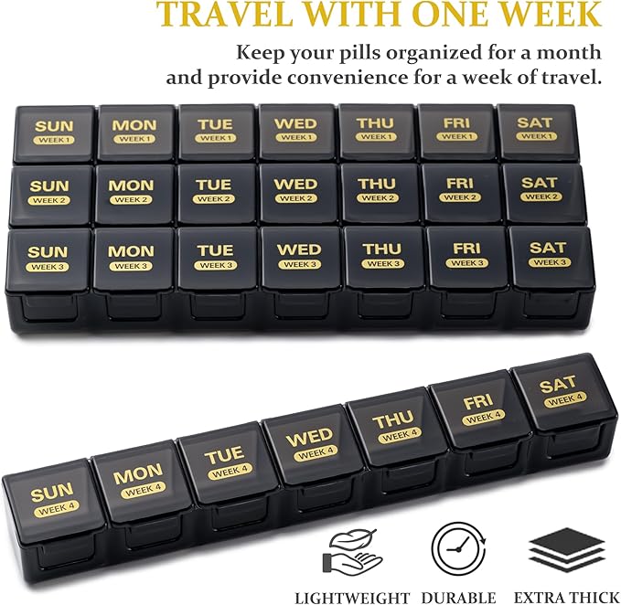 Monthly Pill Organizer, 28 Day Pill Box 1 Time a Day with Dust-Proof Case, Large 4 Weeks a Month Pill Case Container, Daily Vitamin Case Box for Pills/Medicine/Fish Oil/Supplements（Black）