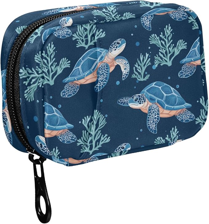 Fustylead Cute Blue Sea Turtle and Coral Decor Travel Pill Organizer Case Zipper for Purse with Removable Weekly Pill Box for Medicine, Vitamin, Supplement Medicine Organizer
