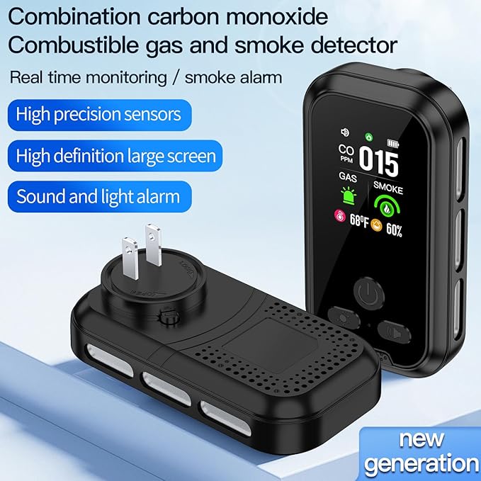 5IN1 Plug in Smoke & Carbon Monoxide Detector & Combustible Natural Gas Combination Builti-in Backup Battery HD Screen [Smoke CO Gas Temp Humidity Sensor] for Home Hotel RV (1-Pcs, Black)