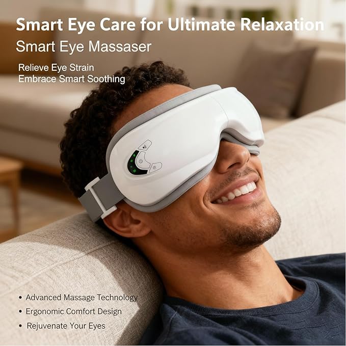 Eye Massager with Heat and Music, Relaxation and Stress Relief Device. Heated Eye Mask Massage for Migraines & Headache Relief, Reduce Dry Eyes Improve Sleep. Birthday Gifts for Women Men Mom Dad Her