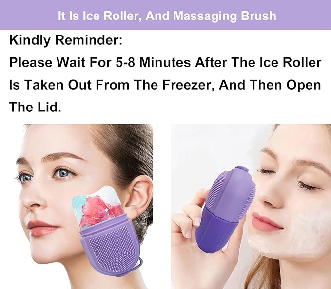 Reusable Cube Silicone Mold Ice Roller With Brush For Face Cold Therapy Facial Massage Roller (Purple)