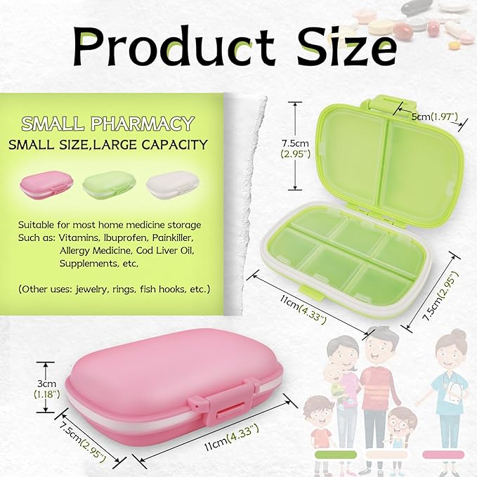18 Pack Travel Pill Boxes Bulk Small Pill Case Portable Pill Organizer 8 Compartments Pill Box Dispenser Daily Vitamin Jewelry Organizer Travel Must Haveswith(3 Colors with 192 Pcs Labels)