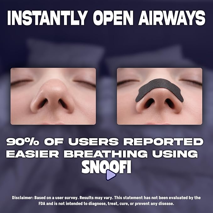 Snoofi Premium Nose Strips, Lavender Scented, for Breathing and Snoring, Black Nose Strips, Helps Stop Snoring, Opens Nasal Passages, Increase Oxygen Intake, Hypoallergenic Adhesive, Snoring Solution