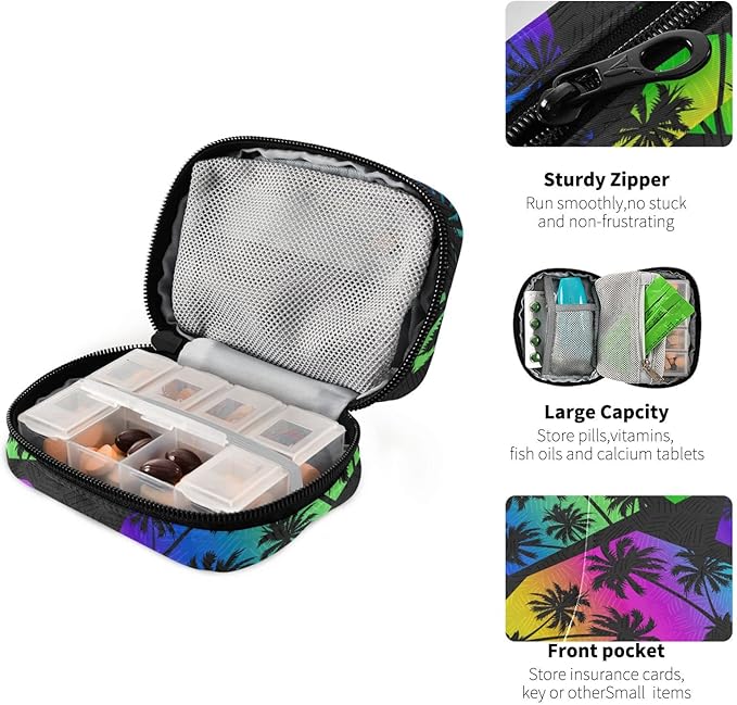 Pill Box Colorful Geometry Palm Trees 7 Day Pill Case Travel Pill Organizer Bag with Zipper Portable Weekly Vitamin Medicine Supplement Holder Pouch Bag
